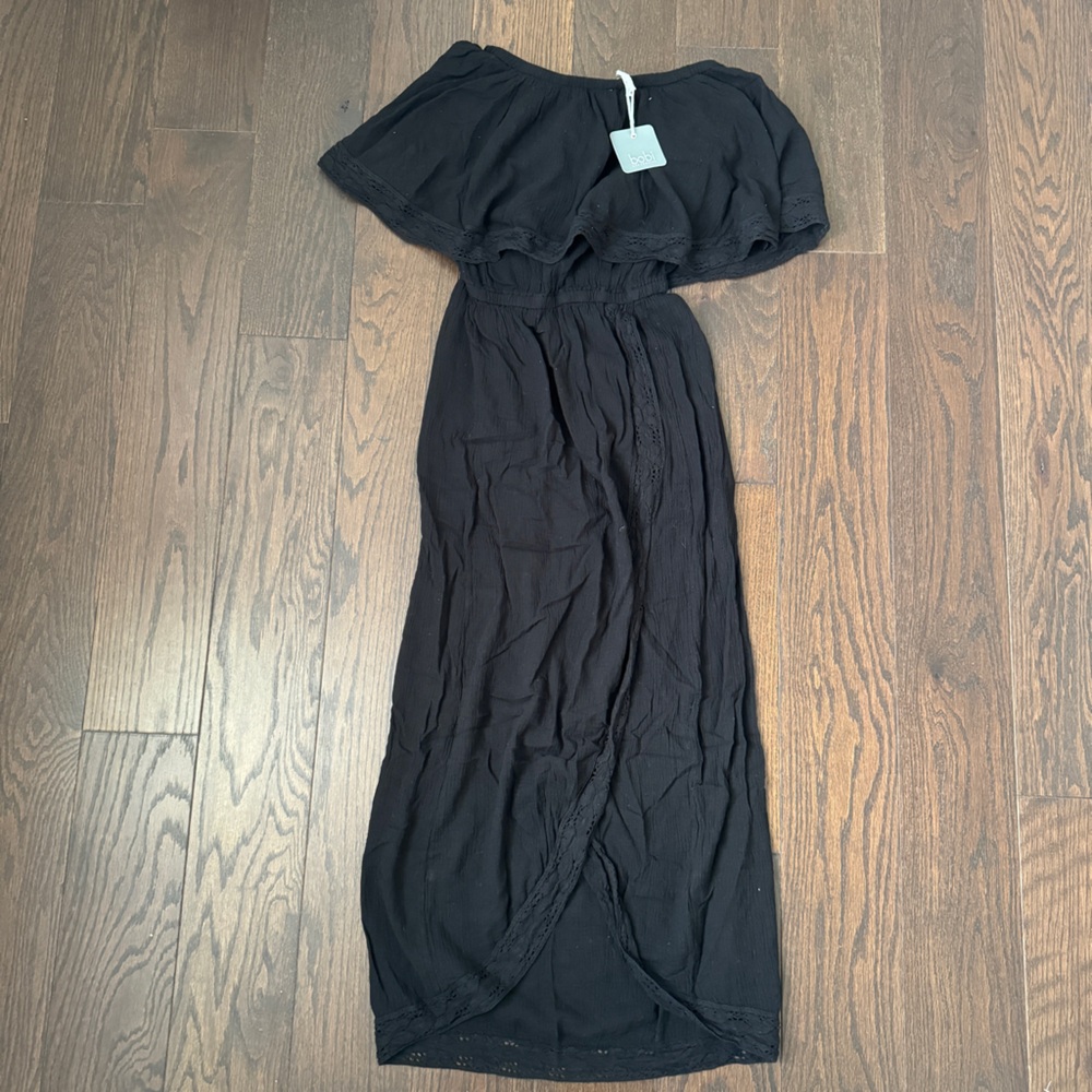 Bobi off the shoulder black lace mock wrap coverup